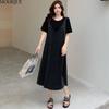 MODIQUE Summer Plus Size New Women Loose Elegant Black Gold Quicksand Fine Flash Silver Silk Vertical Long Dress Female Short Sleeve O-Neck Dresses