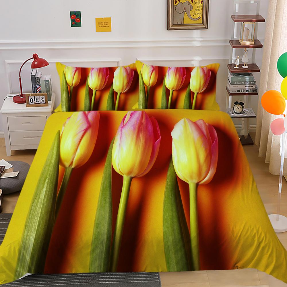 3D комплект постельного белья с цветами, тюльпан, пододеяльник, наволочка, двуспальная кровать, полноразмерное покрывало, моющаяся молния, удобное украшение для дома