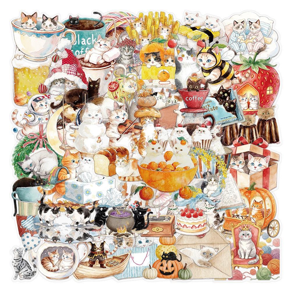 50Pcs/Set Cozy Watercolor Cat Dreamland Series 02 PET Stickers Waterproof DIY Fashion Decals Transparent Stickers