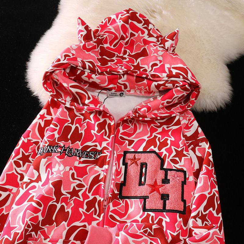 Harajuku Demon Embroidery Hoodies Oversized Camouflage Sweatshirt Gothic Goth Zip Up Hoodie Y2k Clothes Couples Streetwear Women