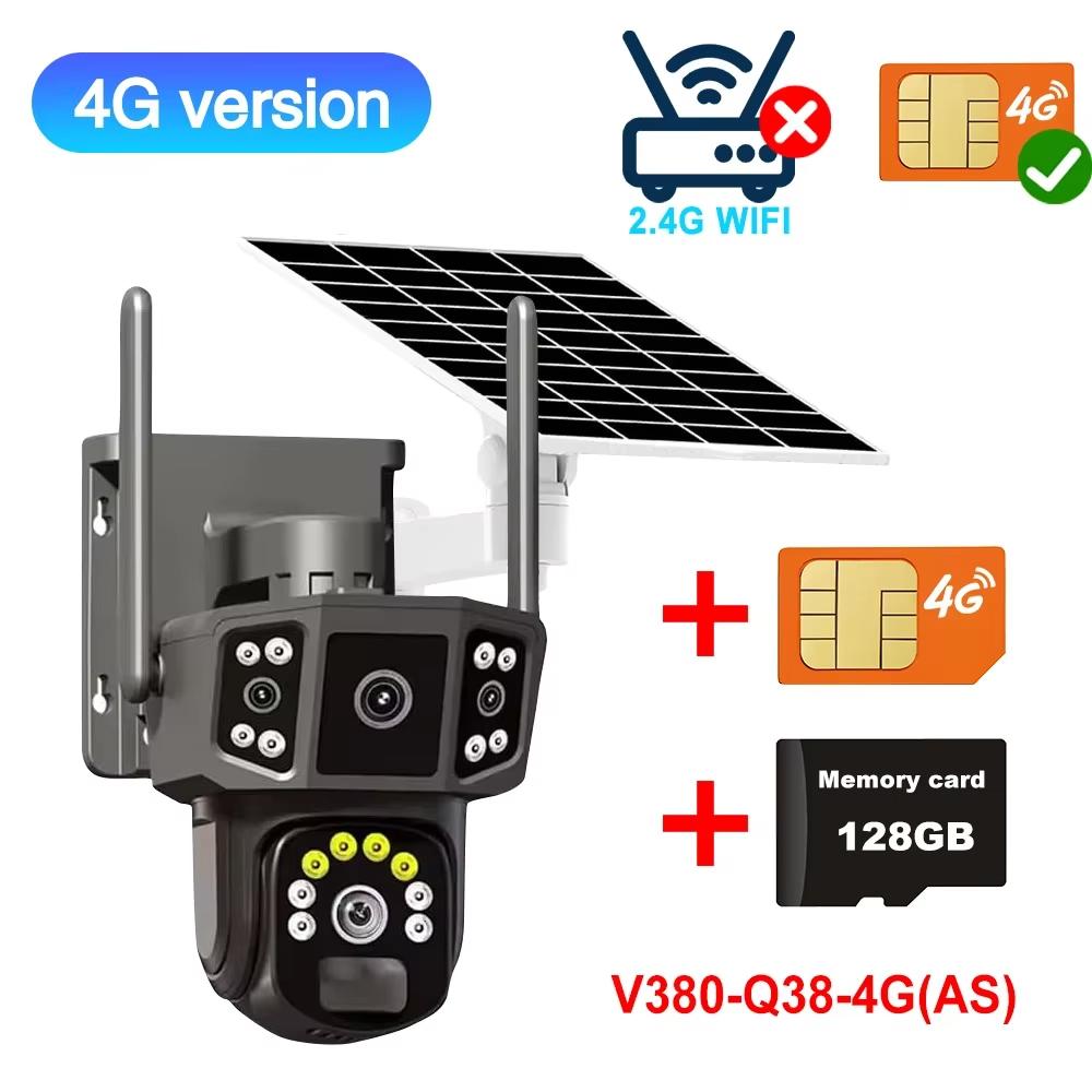 4K 8MP HD Dual Lens 4G SIM Solar Camera PTZ Auto Tracking Three Screens Outdoor Security Surveillance WIFI CCTV IP Cameras V380 APP