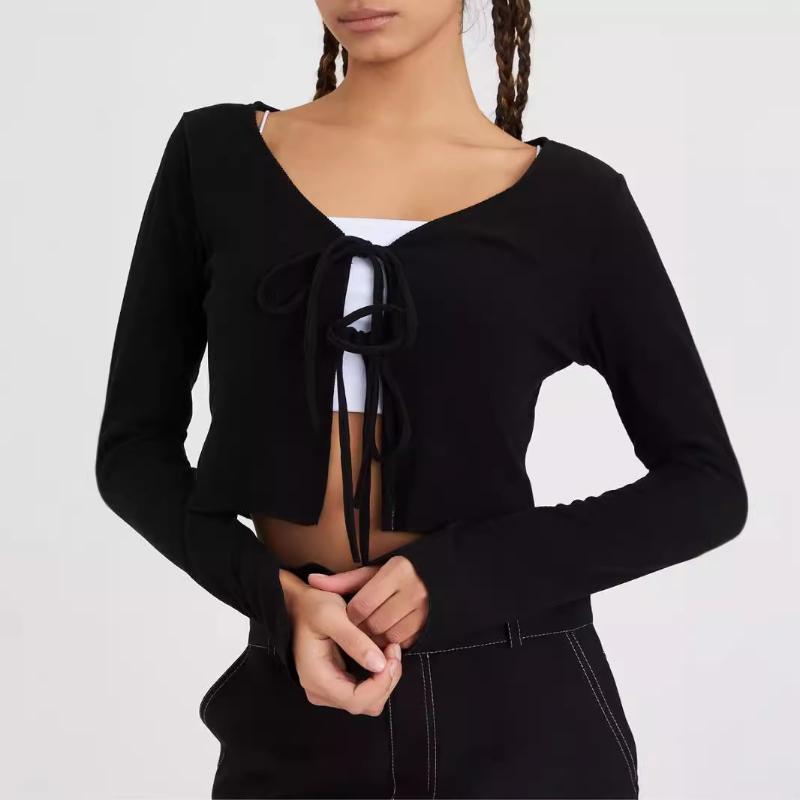 Европейский и американский Y2K сексуальный горячий кардиган с длинными рукавами короткий черный дизайн женский вязаный топ