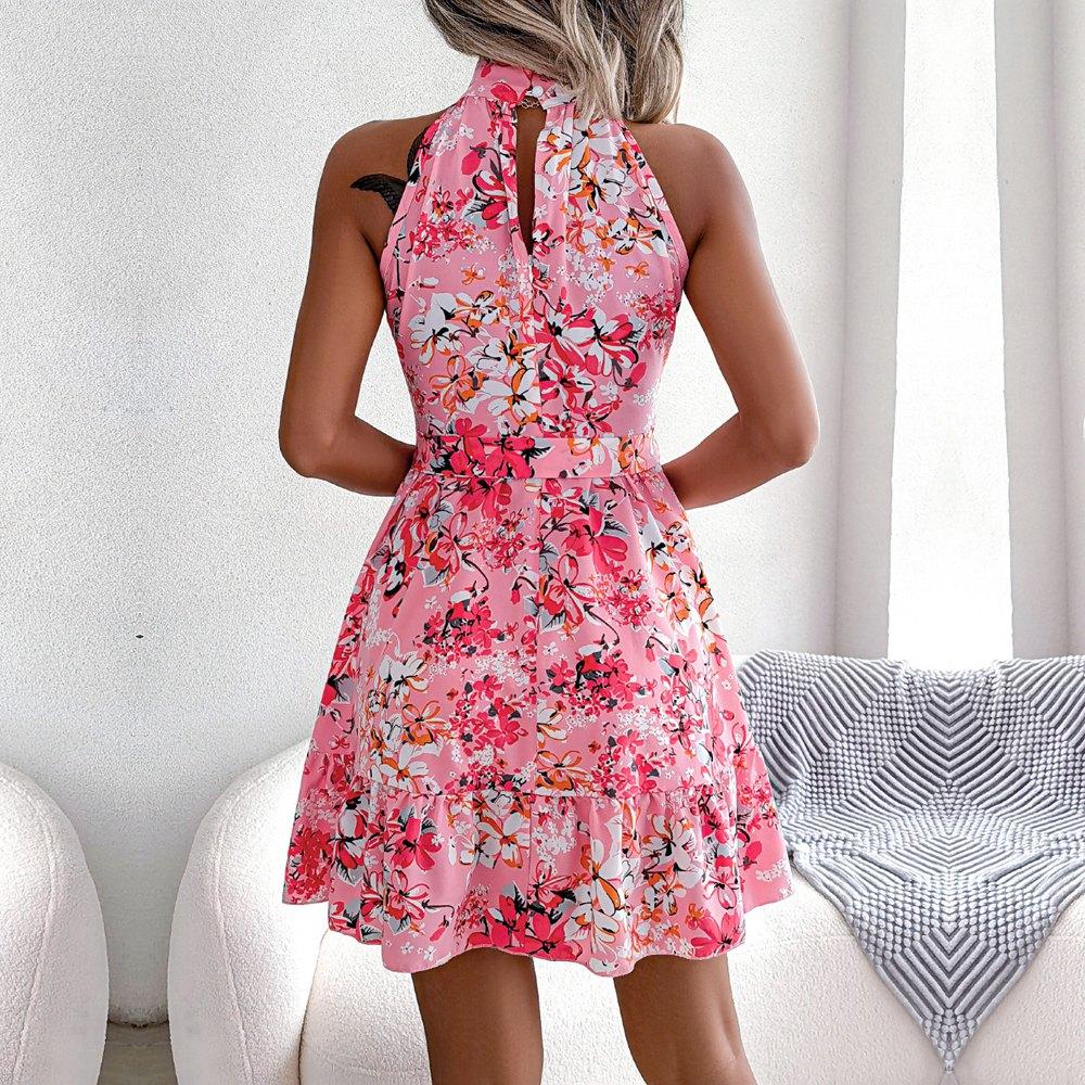 Spring Summer Women Halter Neck Sleeveless Temperament Lace Up Ruffled Floral A Line Short Dress