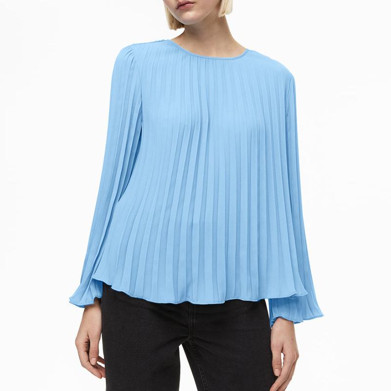 ZANZEA Женская повседневная блузка с круглым вырезом и длинным рукавом в складку