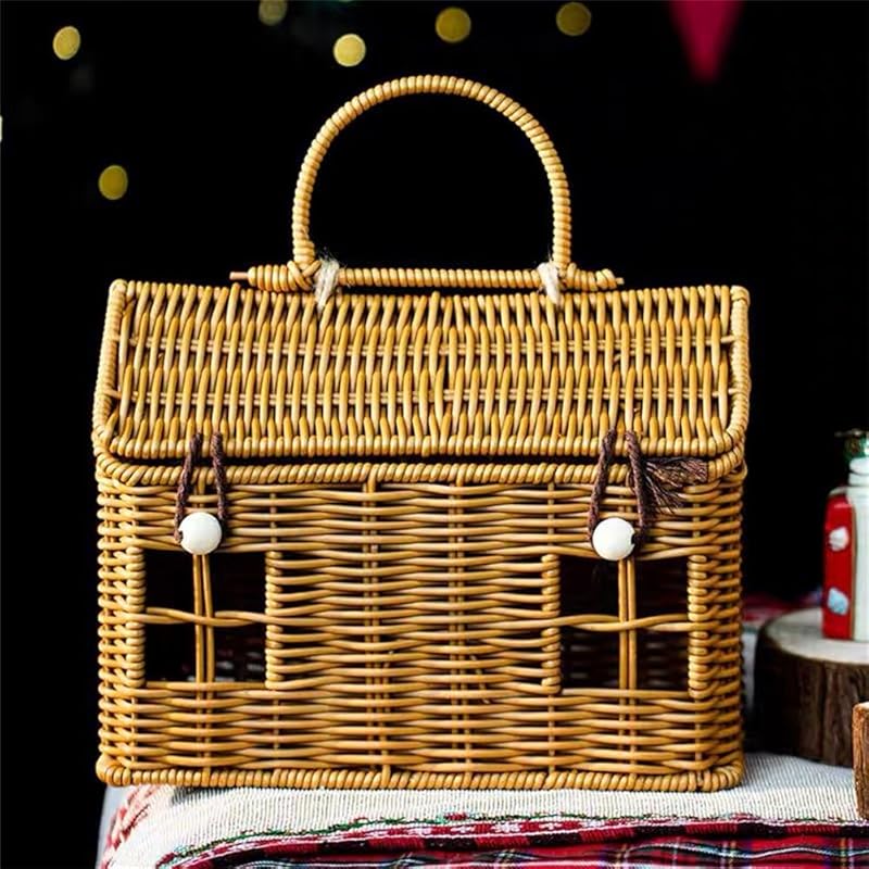 House-Shaped Wicker Basket with Lid - Handwoven Rattan Storage Basket for Home Decor, Kids Picnic, Organizer | Decorative Brown Woven Gift Box,