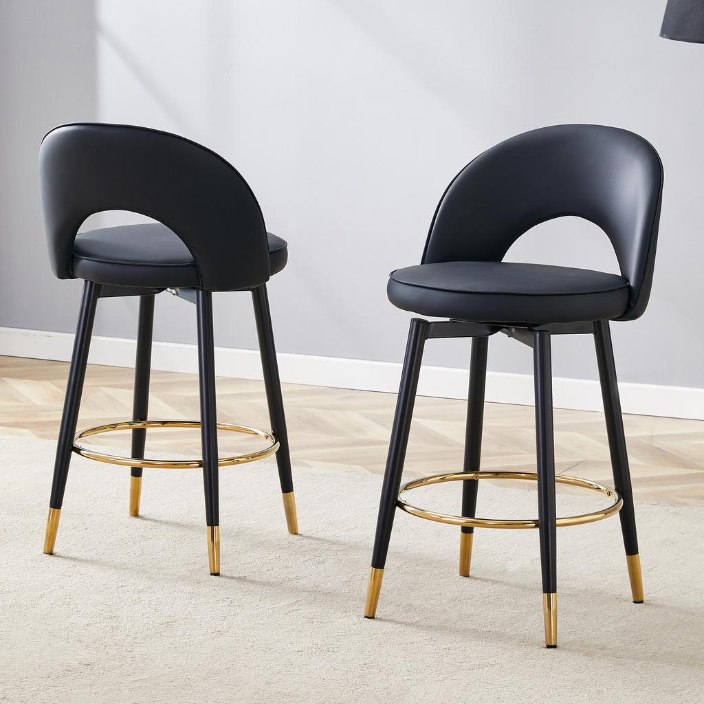 360 degrees swivel bar stool, entirely black, PU seat cushion, comfortable padded, suitable for bars, dining rooms, kitchens, patios
