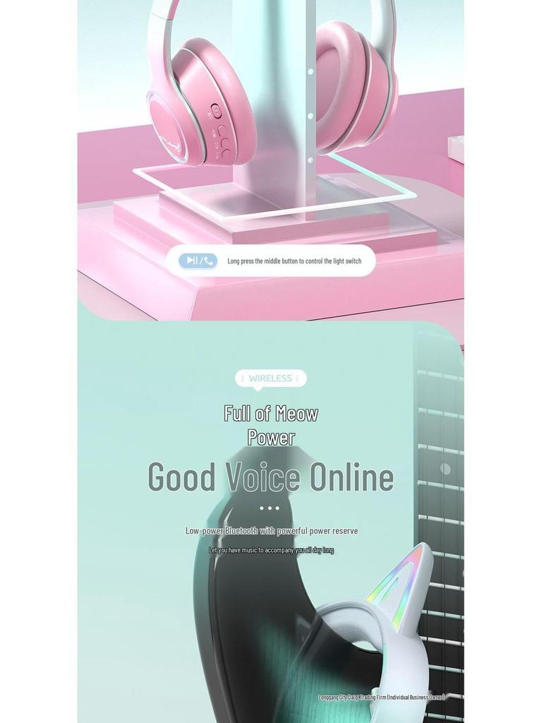 Беспроводная Bluetooth игровая гарнитура с кошачьими ушками и шумоподавлением для ноутбуков и мобильных устройств