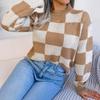 Autumn and Winter Street Style Contrasting Plaid Long-sleeved Pullover Knitted Sweater
