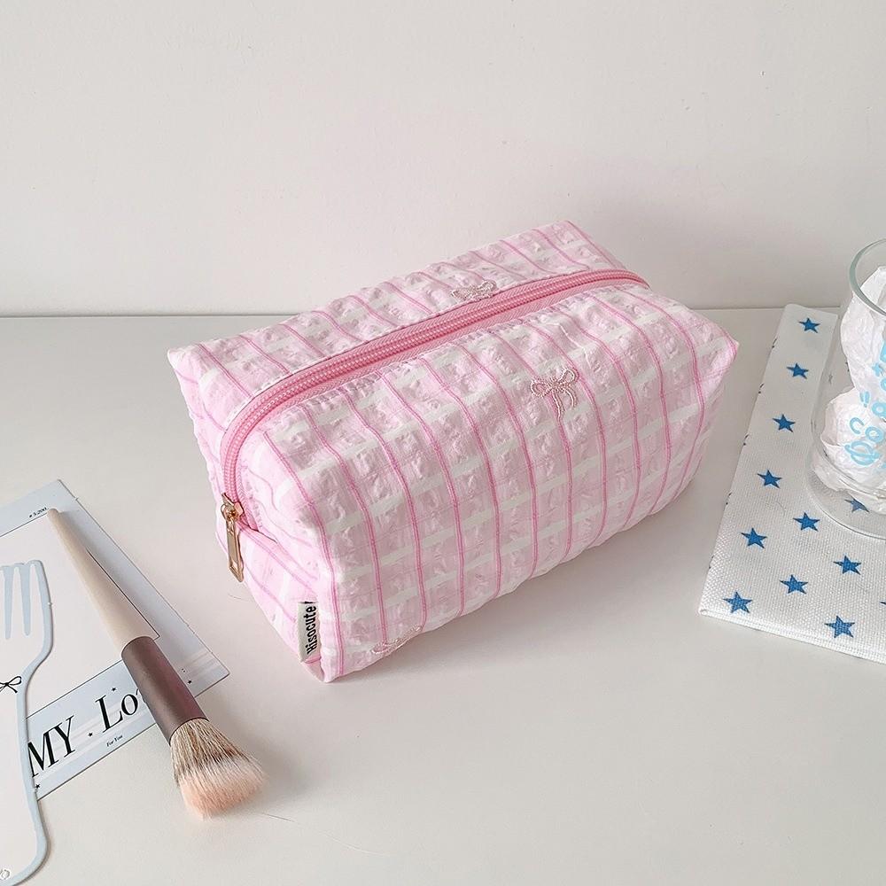 Large Capacity Cosmetic Bag Striped Bow Embroidery Pen Bag Portable Makeup Pouch