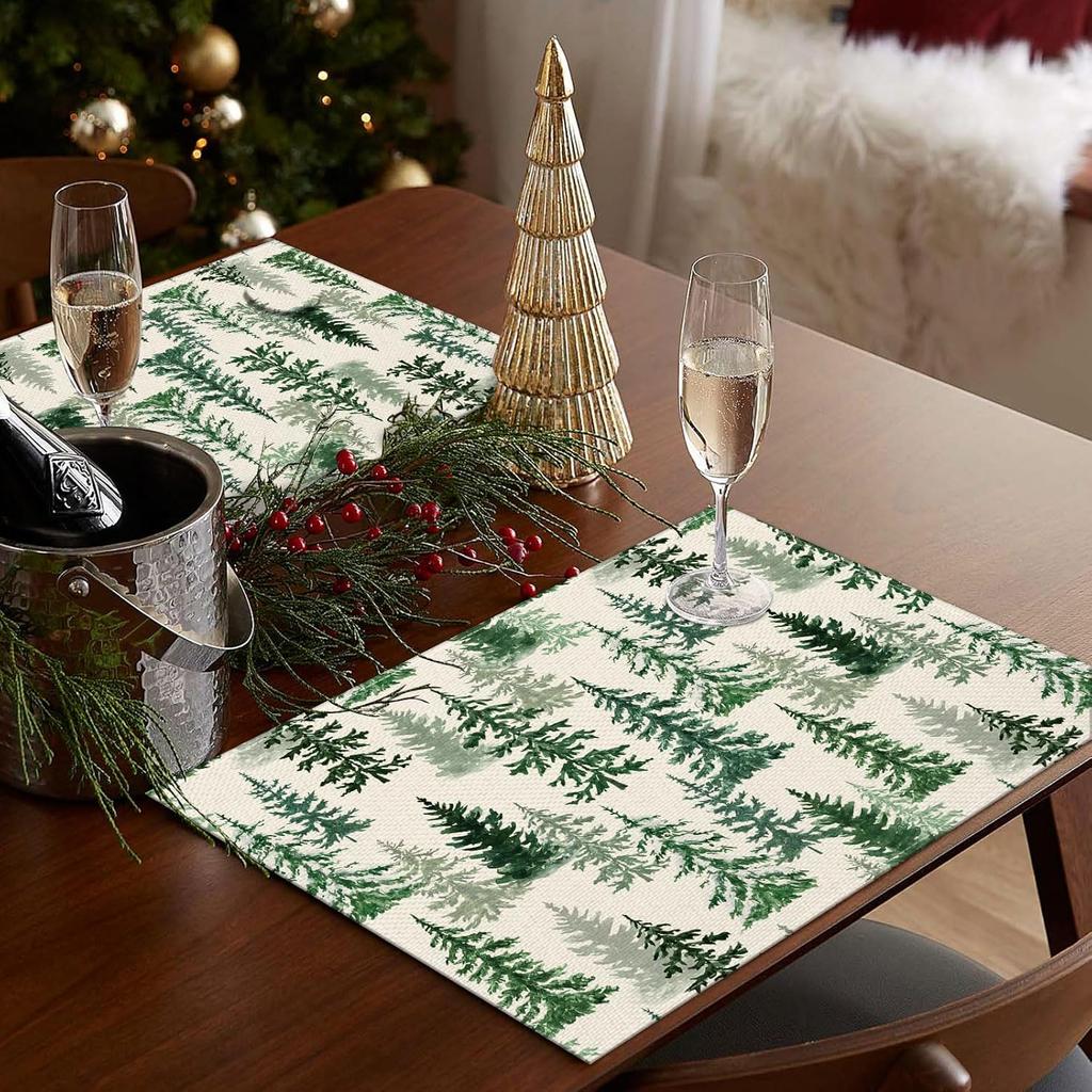 4-Piece Christmas Placemats 12x18 Inch Heat-Insulating Mats with Green Pine Tree and Merry Christmas Design - Winter Table Decoration