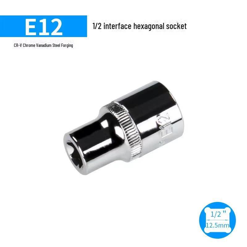 Metric 6-Point Flower-Shaped E-Type Socket Set: 1/2 Large, 3/8 Medium, 1/4 Small, Star Type.