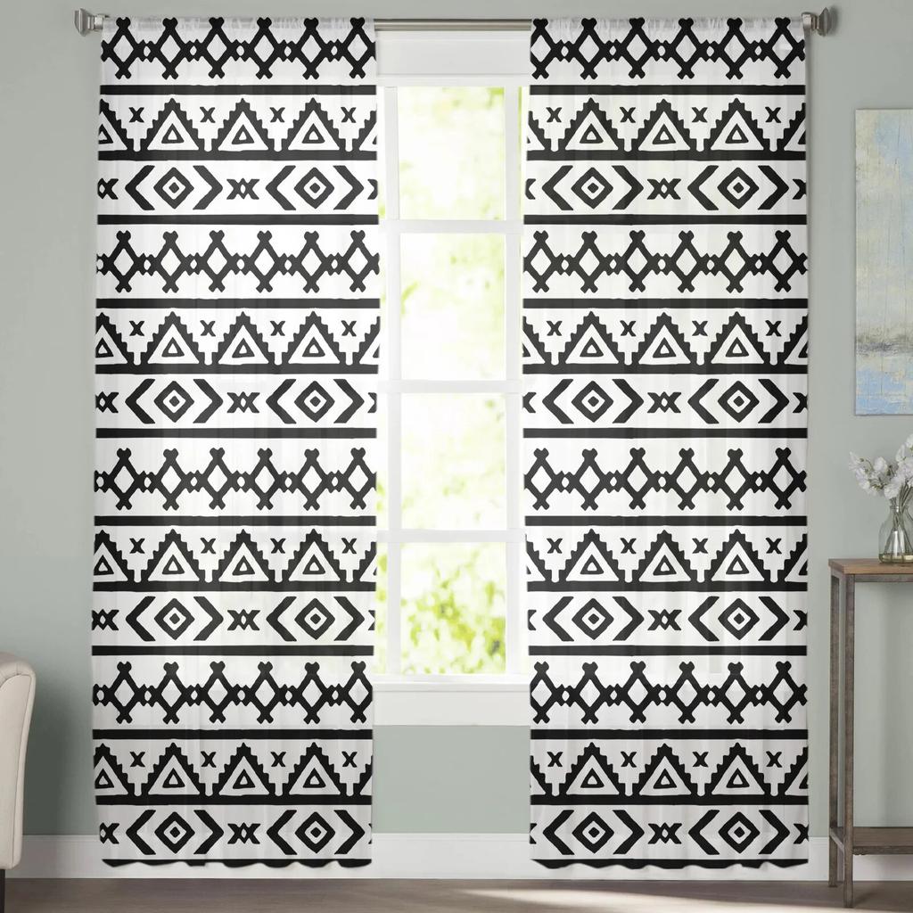 Тюлевые шторы в стиле бохо с геометрическим узором в стиле ретро для гостиной, спальни, современные шифоновые прозрачные кухонные шторы