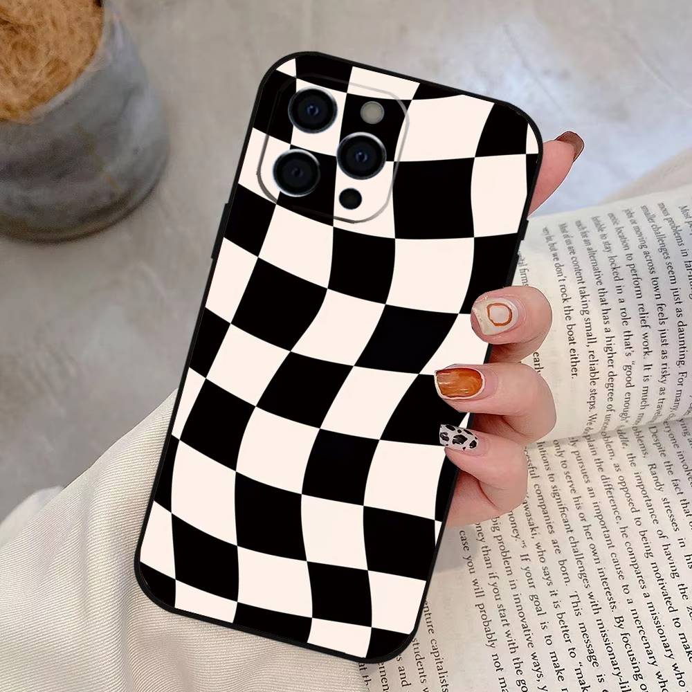Однотонный клетчатый чехол для телефона для iPhone 17,16,15,14,13,12,11 Plus,Pro Max,XS,Мягкий силиконовый черный чехол