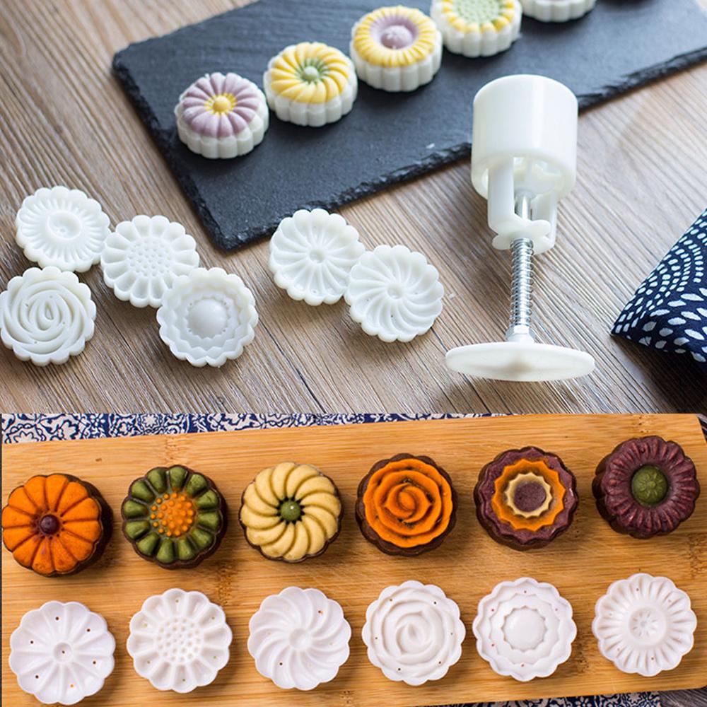 Molds 6 Style Round Flower Hand Pressure Fondant Moon Cake Cookie Pastry Baking Decorating Tools