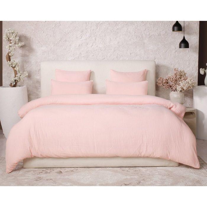 Housse de couette + taies - Douce - 220x240 cm - Gaze de coton lavé - Oeko-Tex - Rose