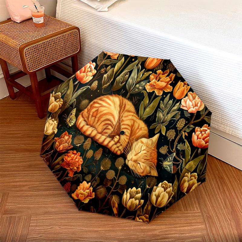 1 шт. Автоматический складной зонт - С рисунком милого спящего кота, Портативная и складная конструкция с 8 спицами, Рождественские и новогодние подарки на день рождения