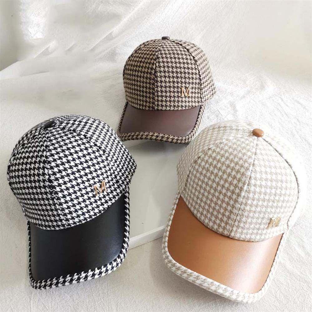 Adjustable Black Embroider Houndstooth Baseball Cap Korean Style Hat Face Cap Pu Leather Brim