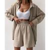 New Summer Solid Single Breasted Long Sleeve 2 Piece Shirts Women Sets Loose Fashion Casual Shorts Set Women Elegant Simple Pants Suits 24710