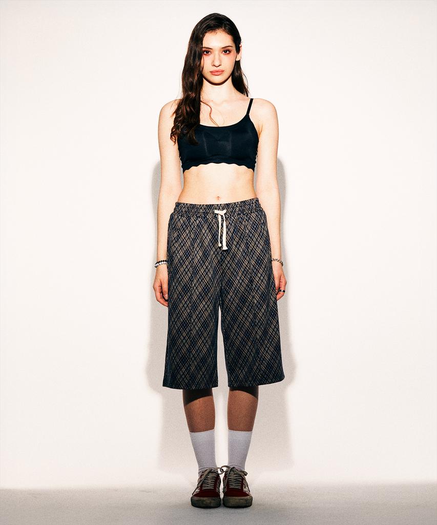 TONSIL Vintage Check Elastic Waist Bermuda Pants Navy