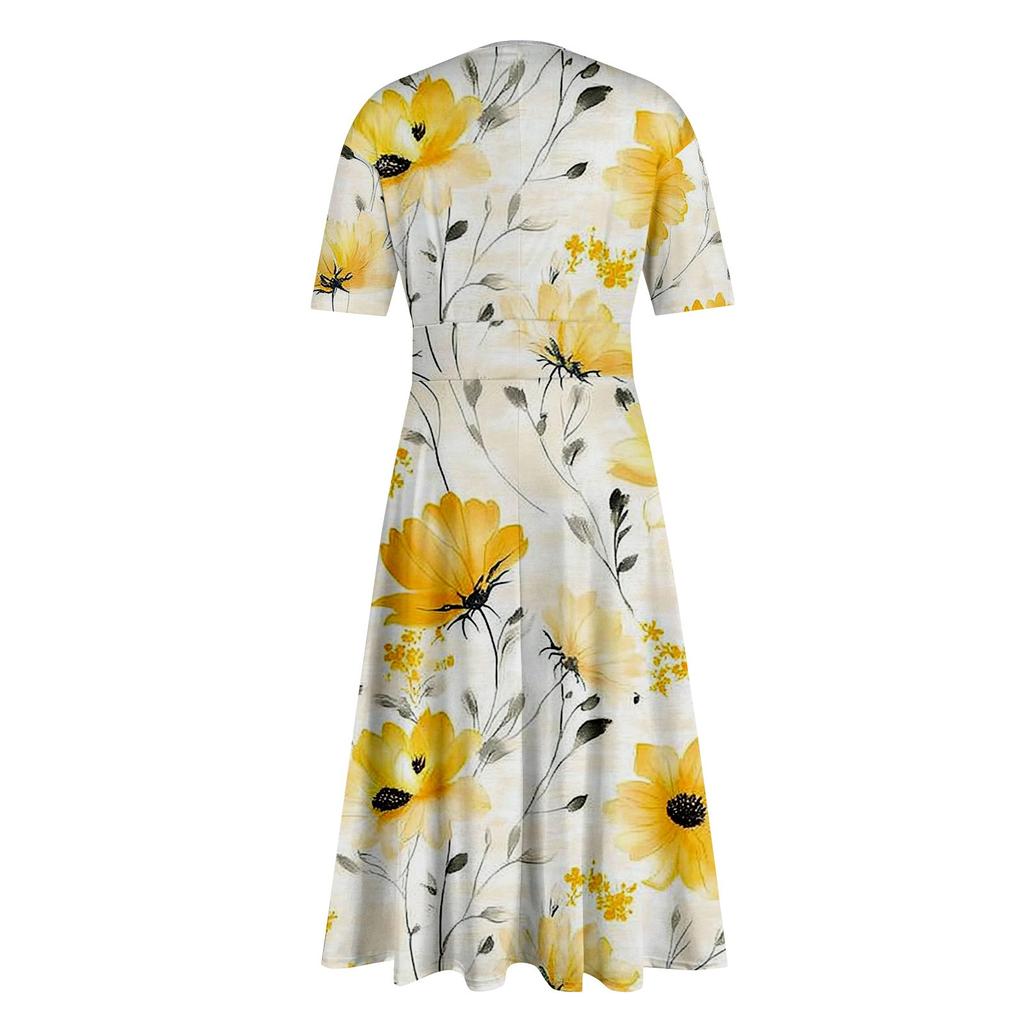 Женская повседневная мода Цветочный (лист)  Платье-халат с принтом, V-образным вырезом, короткими рукавами и длинной юбкой-халат