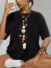 Astronaut & Planet Pattern Casual T-Shirt, Round Neck Short Sleeves Stretchy Sports Tee, Women's Activewear