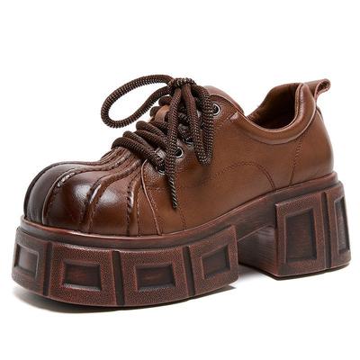 Мода 7СМ Новая Весна Осень Женская Ретро Платформа Большой Палец Натуральная Коровья Кожа Шнуровка Британский Стиль Толстый Высокий Каблук Повседневная Обувь