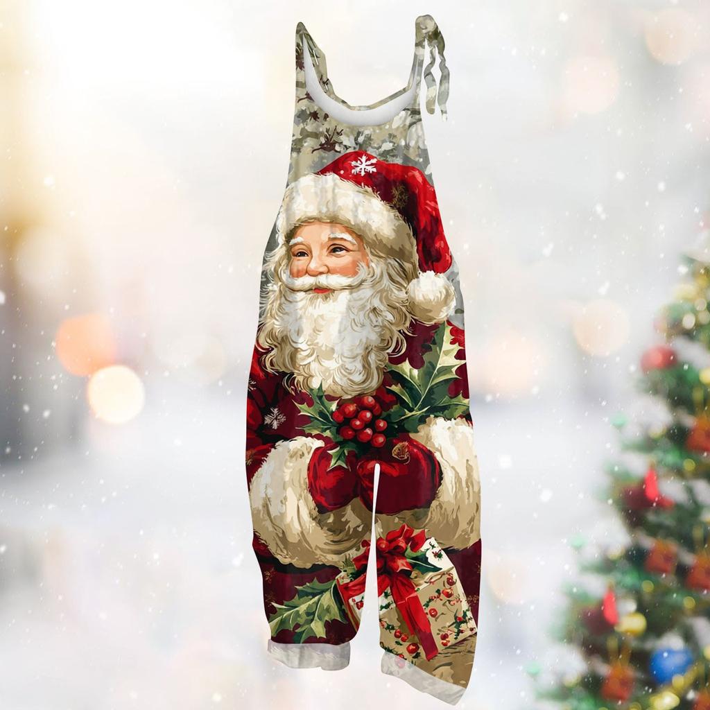 Женский комбинезон с рождественским принтом, повседневный свободный винтажный комбинезон из хлопка и льна