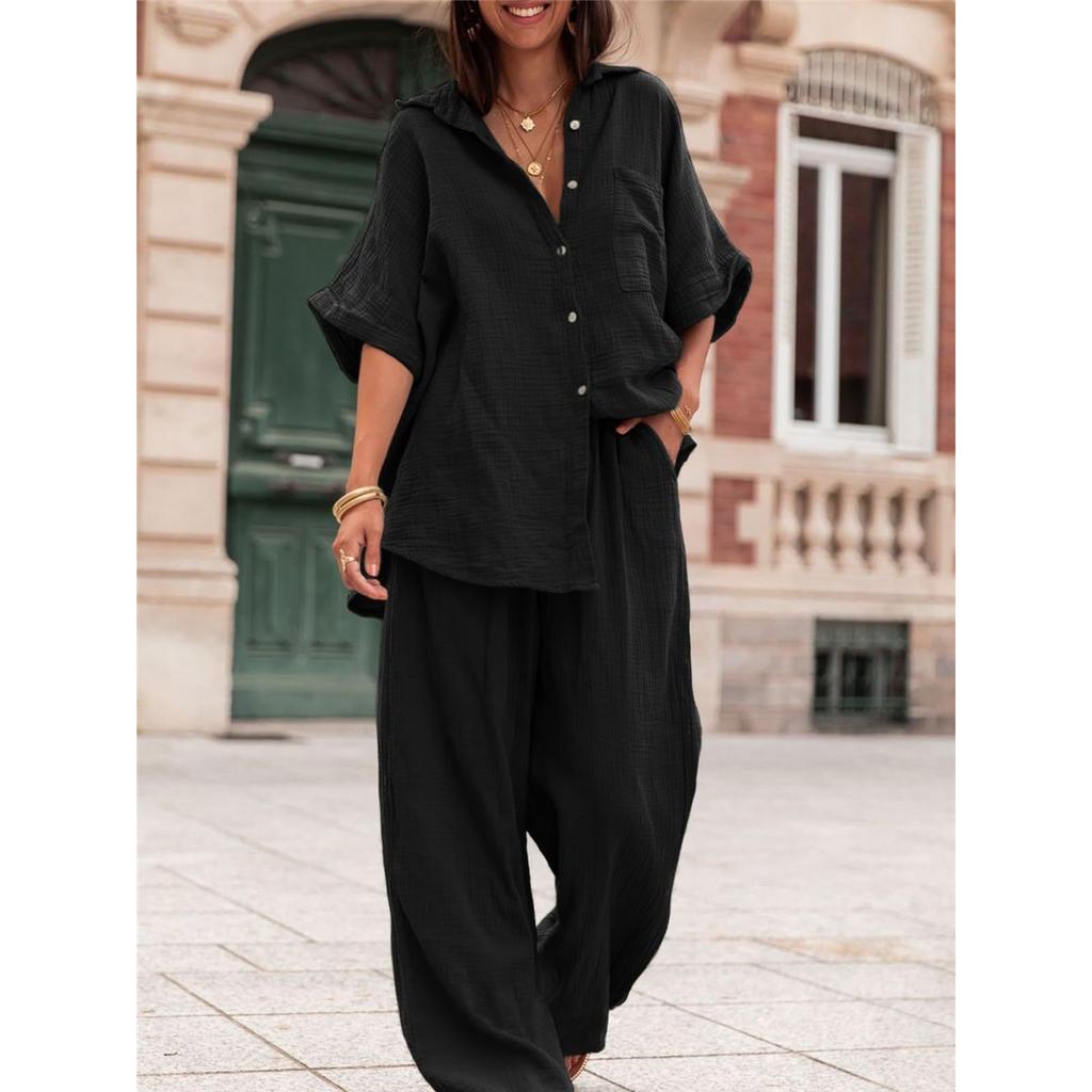 Women's Casual Sets Summer Cotton and Linen Short-sleeved Lapel Shirt Straight Trousers Two-piece Set