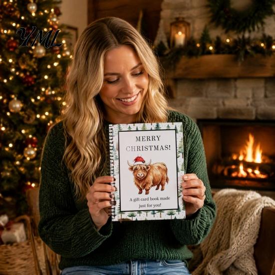 Highland Cow Christmas Card Album Organizer, Spiral Bound Storage Book, Durable Gift Holder Organizer Coil Binding Portable for Cards And Vouchers