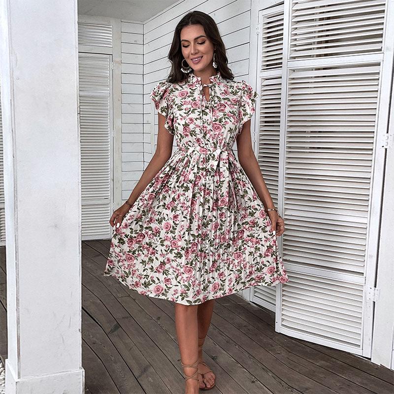 European and American Retro Print Mid-Length White Dress - 2022 Summer Collection