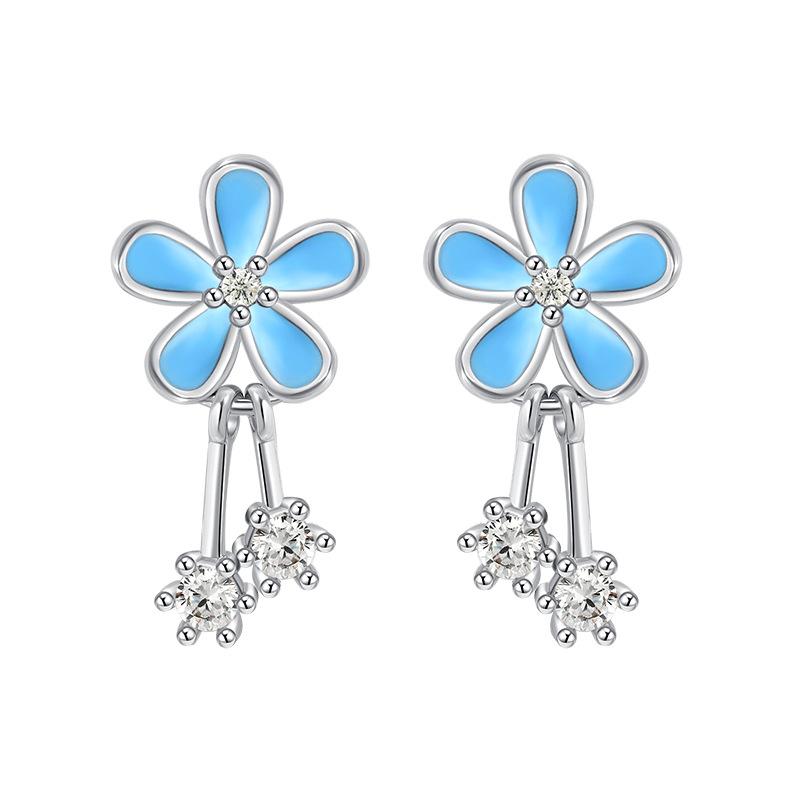 Exquisite Blue Small Flower Tassel Earrings Anti-allergic High-end Design Feel Cold and Cool Little Daisy Earrings