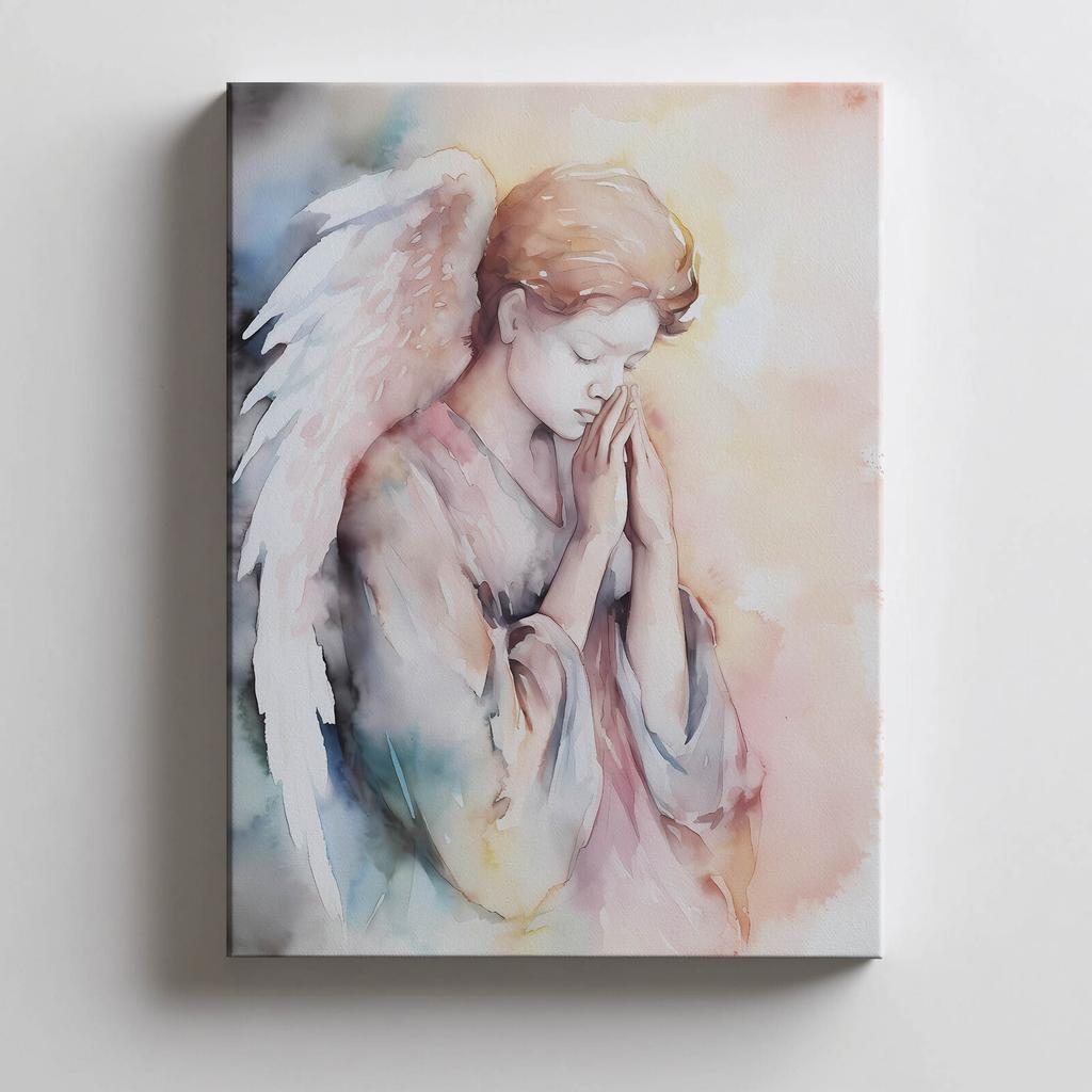 Modlący Się Anioł W Pastelowych Tonach Modlący Się Anioł W Pastelowych Tonach, 30X40 Cm, Rama Aluminiowa Złota, Papier Matowy 230 Gsm