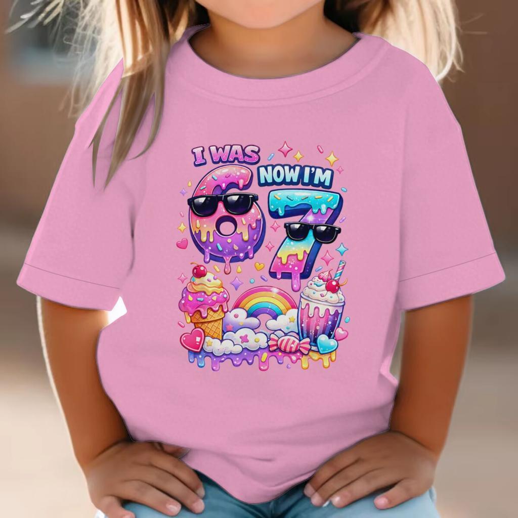 I Was 6 Now Im 7 Birthday Tshirt Girls Boys Casual Short Sleeve TShirt Candy Ice Cream Girls Tee Kids Number 6 7 Cotton Tees