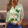 Women's Fashionable Casual Christmas Printed V-neck Three-quarter Sleeve Decorated Button Top