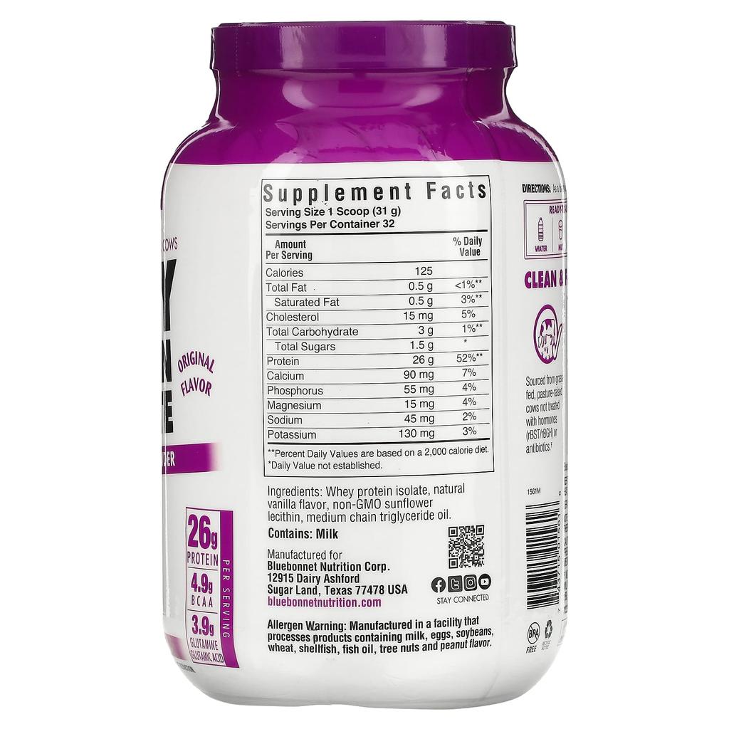 Bluebonnet Nutrition 100% Natural Whey Protein Isolate, Natural Original Flavor, 2.2 Lbs (992 G)