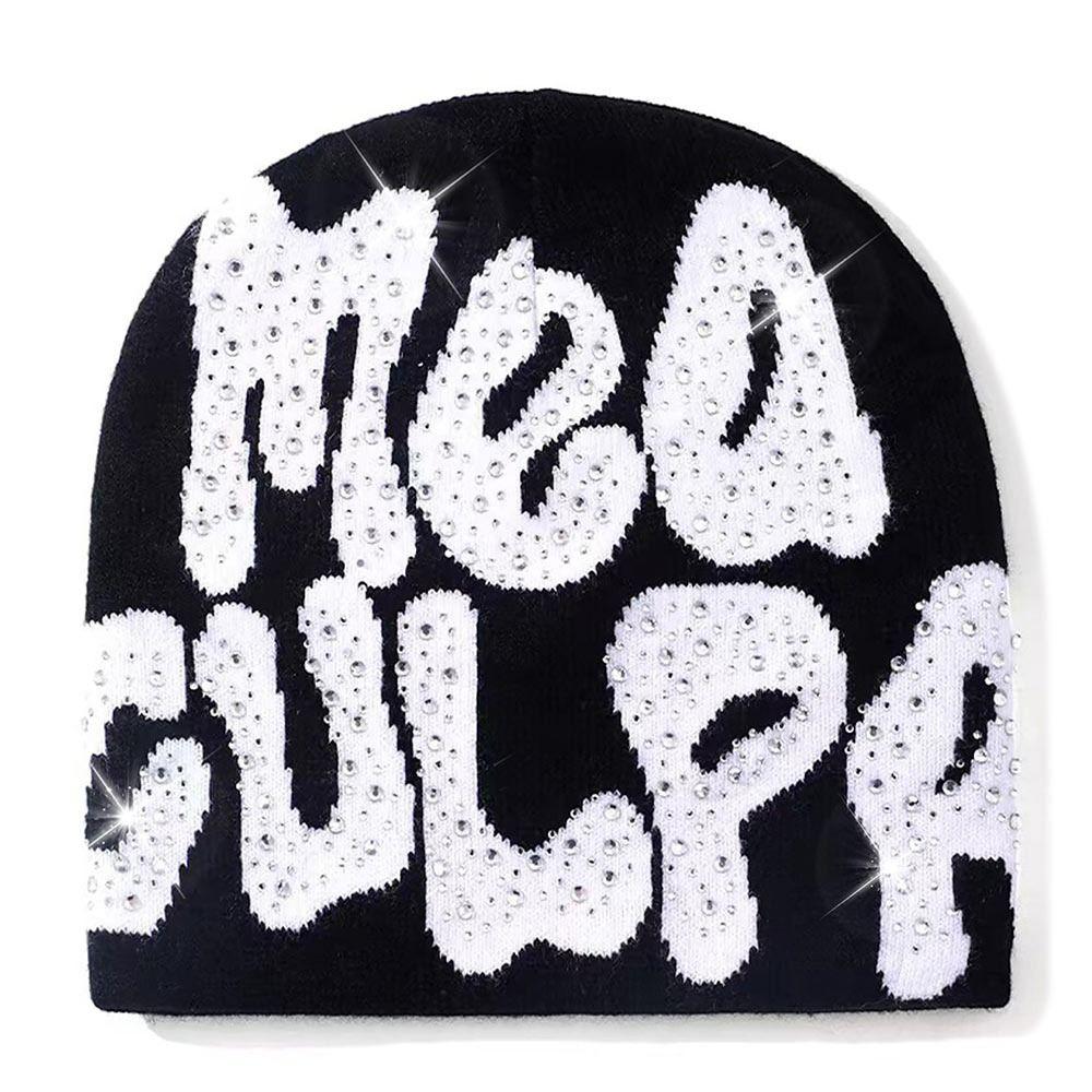 Trendy Stretch MEA Culpa Beanies Hat with Rhinestone Warm Soft y2k Beanies Hats Knitted Hip-hop Hat for Women Men