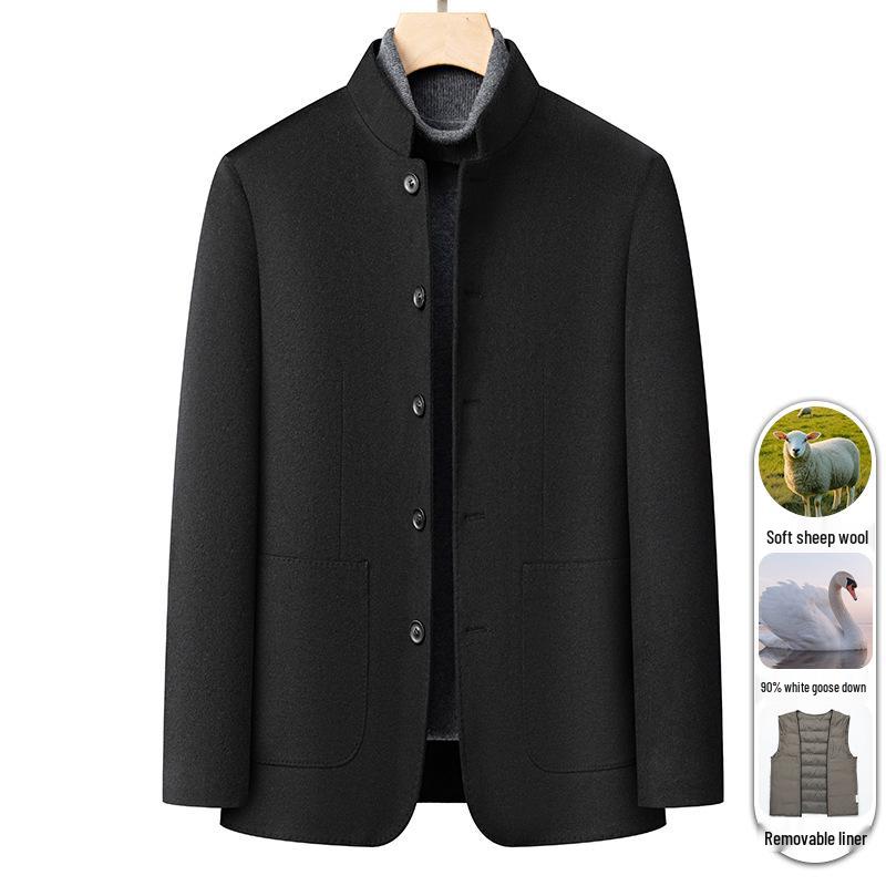 Мужской шерстяной костюм Чжуншань для папы: Зимнее пальто в стиле business casual с подкладкой из пуха