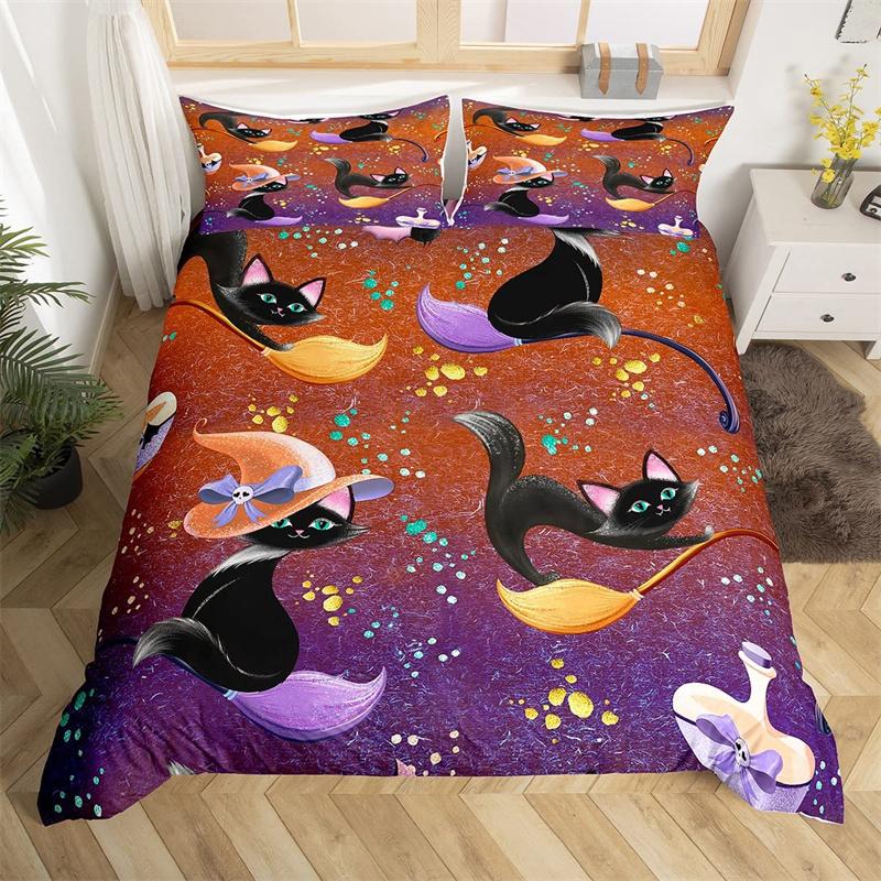 Cute Halloween Cat Duvet Cover Mystery Castle Bedding Collection For Kids Teen Microfiber Misty Forest Bat Quilt Cover Queen Bedclothes