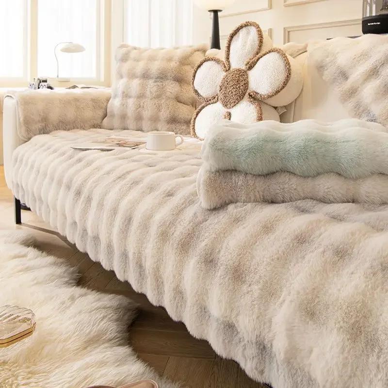 Зимний утепленный чехол для дивана с кроликом, теплые подушки, кожаная Г-образная спинка дивана, подлокотники, нескользящие чехлы для диванов в гостиной