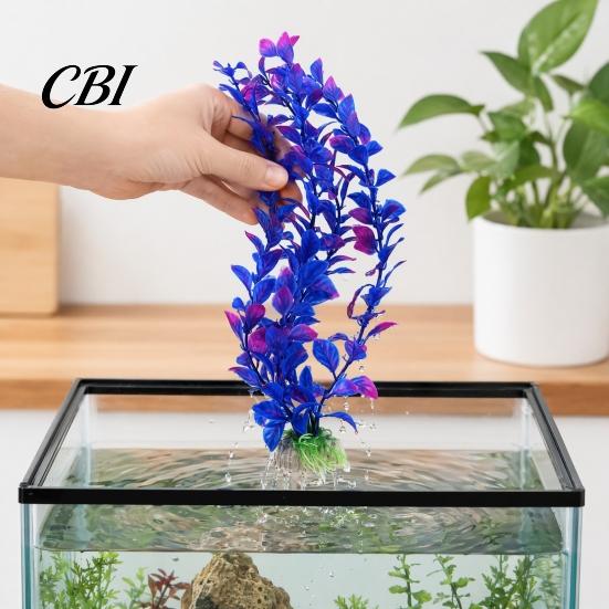 Ornamental Fish Tank Plants Artificial Water Plant, Aquarium Decoration, Purple Blue Gradient Color Flexible Plastic Leaves, Safe Ornament for