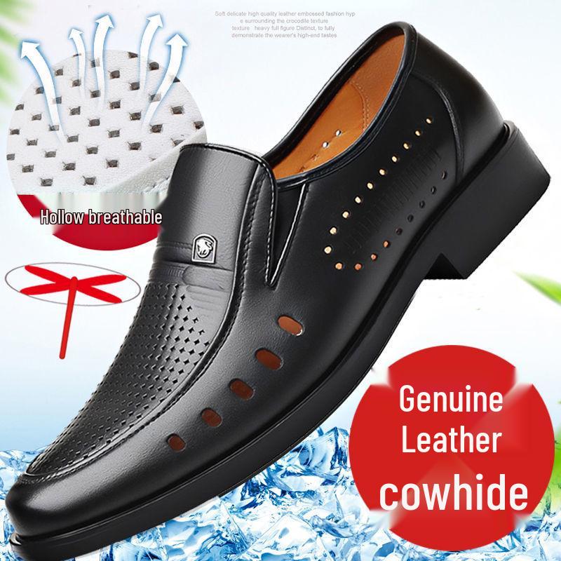 Мужские летние деловые кожаные сандалии: Дышащие, Мягкая подошва, Нескользящие, Полый дизайн, Идеально для папы среднего возраста.