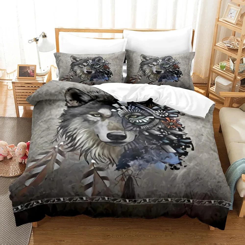 Boys Wolf Duvet Cover Set Queen Size Boho Wolf Wildlife Animal Bedding Set Men Galaxy Dream Catcher Moon Polyester Quilt Cover