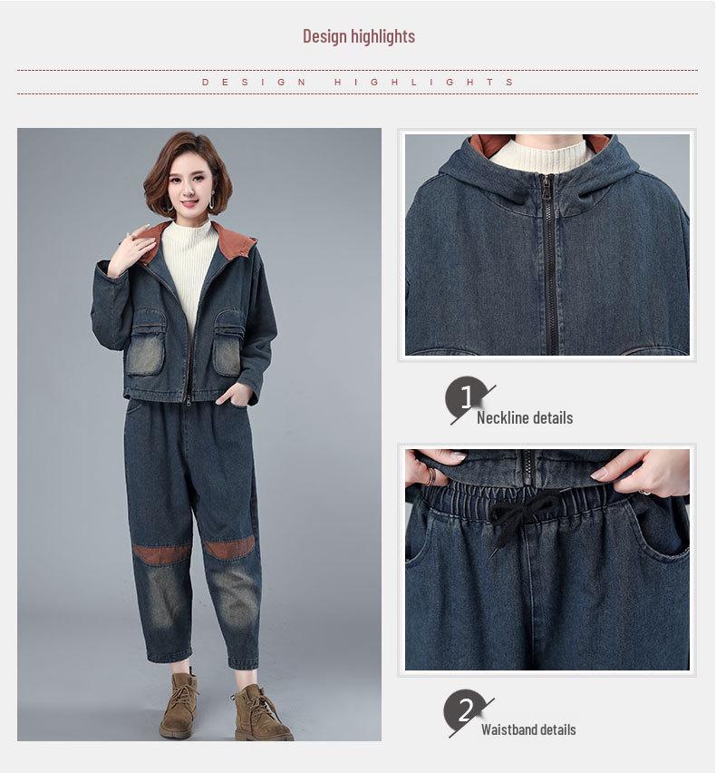 Женский новый утолщенный джинсовый костюм 2024: Мода Осень/Зима, Стильный Повседневный Костюм-Двойка для Мам Среднего и Пожилого Возраста