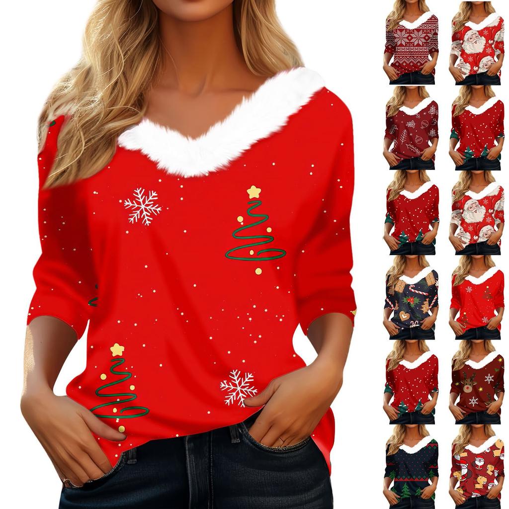 Женская мода с длинным рукавом и рождественским принтом, праздничный воротник, V-образный вырез