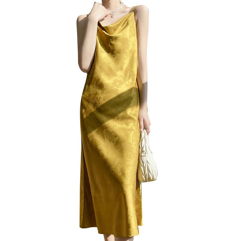 Silk Satin Spring Summer Ladies Swing Neck Jacquard Temperament Slimming Slip Dress with Silk Slip Slip Dress