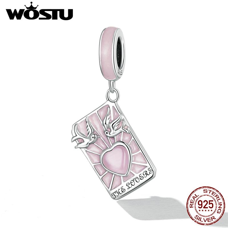 WOSTU 925 Sterling Silver Tarot Cards Lovers Charm Pendant for Women Pink Enamel Heart Lovebirds Charm Fit Original DIY Bracelet Jewelry