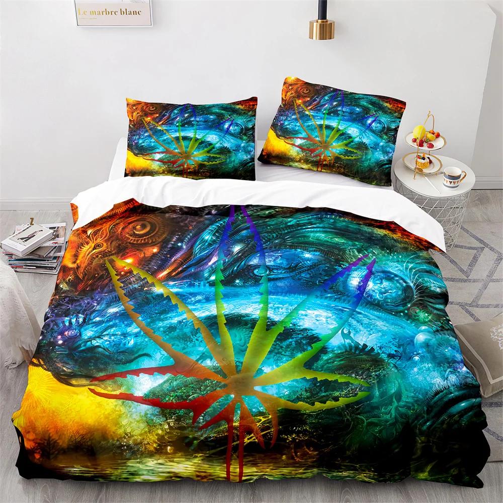 Weed Green Leaf Duvet Cover Watercolor Purple Blue Polyester King Queen Maple Leaf Duvet Cover For Women Men Bedroom Decoration