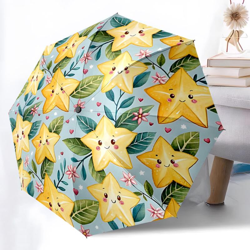 1pc Starfruit Pattern Automatic Opening/Closing Folding Umbrella with 8 Ribs,Windproof Portable Sunshade Umbrella Holiday gift yy260401042