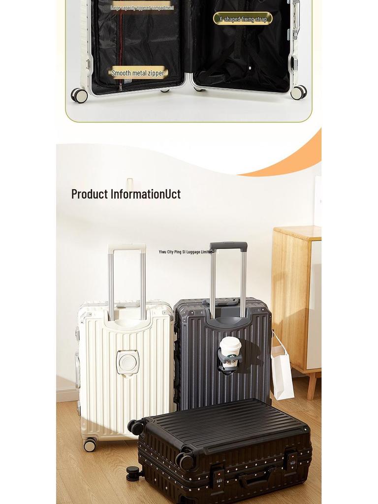 Large Capacity Aluminum Frame Carry-on Suitcase with Password Lock - Durable Leather Luggage for Men and Women