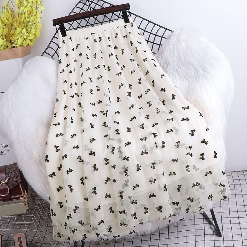 WTEMPO Брендовая тонкая сетчатая юбка с высокой талией, сетчатое платье средней длины с бантом и бантом, модная однотонная универсальная плиссированная юбка трапециевидной формы